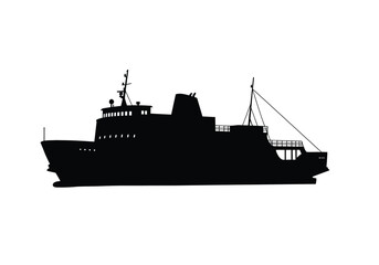 Fototapeta premium Ferry boat silhouette. This image shows a black silhouette of a ferry boat, also known as a ship or vessel, with detailed features like masts, cabins, and railings. Vector clipart illustration design.