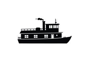 Houseboat silhouette. This image shows a houseboat silhouette, also known as a floating home or boat house, showcasing its cabin, chimney, and deck details. Vector clipart illustration design.