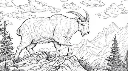 Intricate Black and White Illustration of a Mountain Goat in Nature