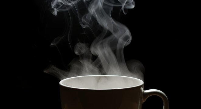 Capture beauty of hot steam rising elegantly from coffee cup extreme close-up on black background producing natural smoky effect ideal representing mist fog vapor abstract atmospheric concepts