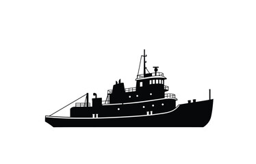 Towboat silhouette. This image shows a black silhouette of a towboat, also known as a pushboat or tugboat, used for transporting cargo and assisting vessels. Vector clipart illustration design.
