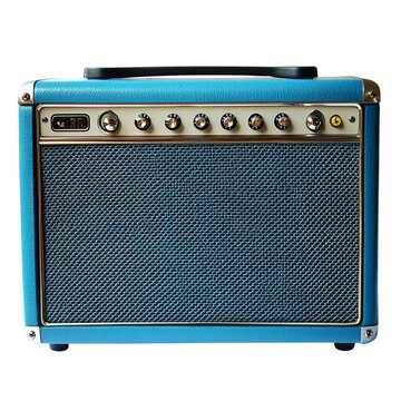 Blue Vintage style wireless speaker isolated on white background, Electric guitar amplifier speaker design on white and transparent background