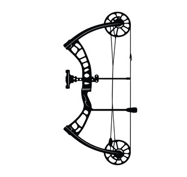 Compound bow silhouette. This image shows a black silhouette of a compound bow, a modern type of bow used in archery and hunting, featuring cams and a riser. Vector clipart illustration design.