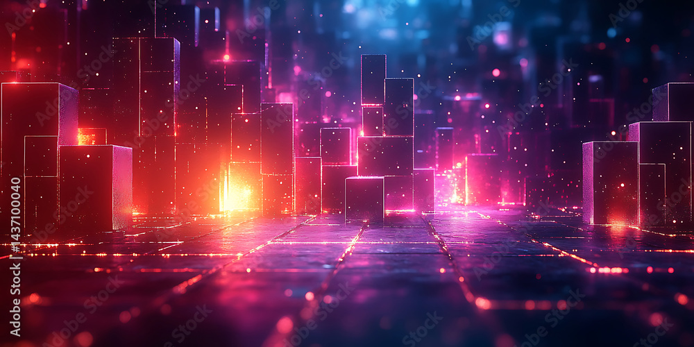 Aufkleber abstract geometric cityscape with neon lights and bokeh futuristic data network background glowing b
