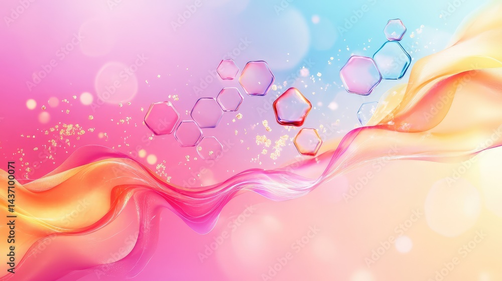 Poster subtle gradient in medical colors with hexagonal molecules and flowing lines, futuristic design