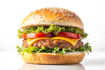 A close up shot of a delicious looking burger with sesame seeds on a white background isolated. fast food,  Photos, Standard Content, isolated Assets, isolated,  Horizontal,
