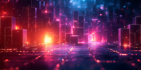 Fototapeta premium Abstract geometric cityscape with neon lights and bokeh futuristic data network background glowing buildings and reflections modern digital art backdrop for technology or creative projects