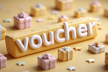 Gift voucher surrounded by colorful presents festive atmosphere close-up view celebration concept