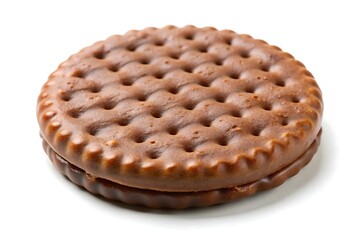Close up of a single chocolate sandwich cookie with a patterned top on a white background. fast food,  Photos, Standard Content, isolated Assets, isolated,  Horizontal,
