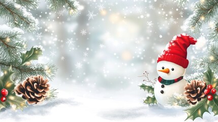 Charming Winter Scene Featuring a Smiling Snowman in a Red Hat Surrounded by Pine Cones and Holly