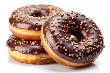 A stack of three chocolate frosted donuts with sprinkles on a white reflective surface close up view. fast food,  Photos, Standard Content, isolated Assets, isolated,  Horizontal,

