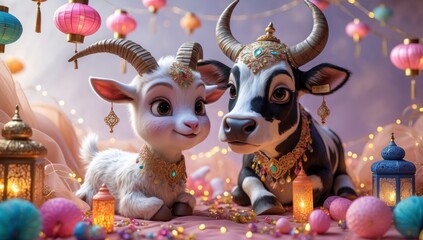 Fototapeta premium Adorable cartoon goat and cow, adorned with jewels and surrounded by lanterns and soft lighting,