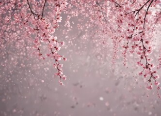 Delicate pink sakura petals drift down, soft focus background ,  branch,  dreamy