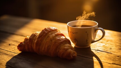 Fresh croissant and steaming coffee on wooden table