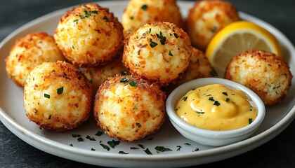 Fototapeta premium Golden-crusted cheese balls with creamy sauce
