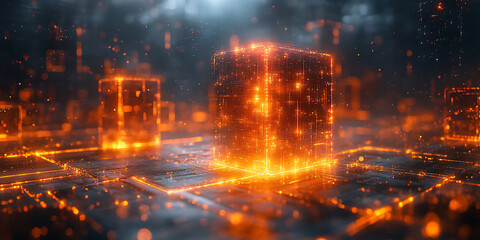 Fototapeta premium Abstract glowing orange data cube representation network technology digital innovation artificial intelligence quantum computing advanced system illustration