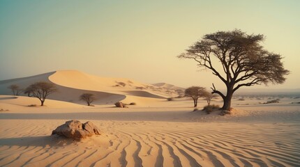 Sweeping sand dunes and sparse trees compose a minimalist desert landscape at sunset.