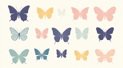 Pastel butterflies collection, design element, white background, spring