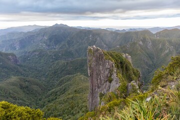 Rugged mountain peaks covered in lush green forest, rise dramatically in Kauaeranga Kauri Trail,...