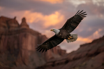 Obraz premium Majestic Bald Eagle Soaring Over Canyon at Golden Sunset