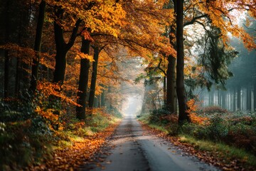 Autumn road adventure enchanted forest nature scene scenic pathway sunlit serenity