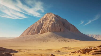 Majestic pyramidal mountain rises from a vast, undulating desert landscape under a clear, bright