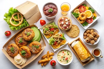 An overhead shot of various takeout food containers and dishes arranged on a white surface top fast food,  Photos, Standard Content, isolated Assets, isolated,  Horizontal,
