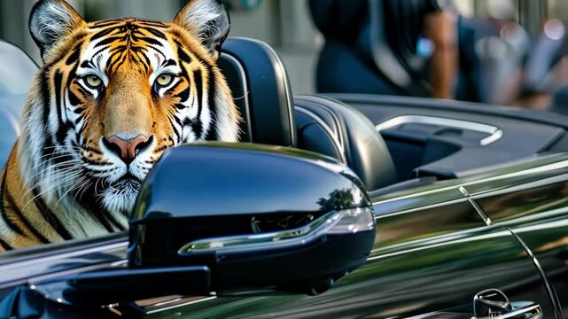 A tiger is sitting in the back seat of a car. The tiger is looking out the window