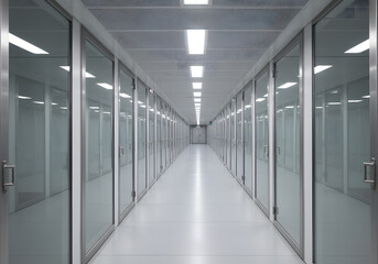 Fototapeta premium A long, white office corridor with stainless steel doors, glass walls, lighting on the ceiling. The interior of an industrial building or data center is minimalist in style.
