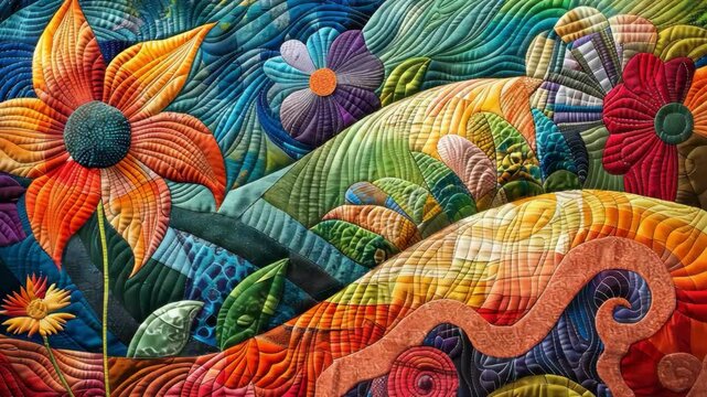 A colorful quilt with a flower on it. The flower is orange and yellow. The quilt is full of different colors and patterns