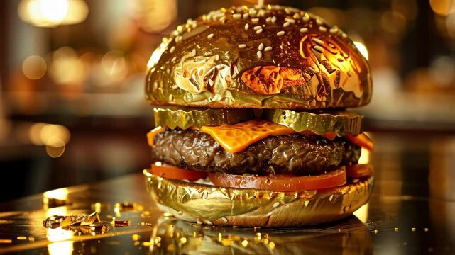 A gold-plated hamburger with a pickle spear on top. The burger is sitting on a table with a few coins scattered around it