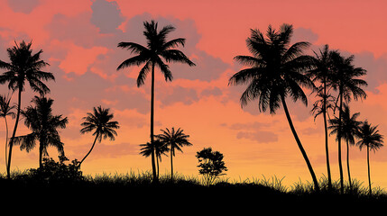 Silhouetted palm trees against a vibrant sunset sky, creating a serene tropical atmosphere (1)