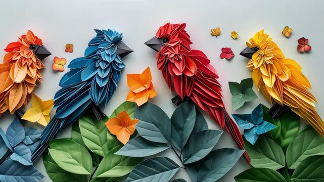 A colorful paper bird is surrounded by green leaves and flowers. The birds are arranged in a row, with each one having a different color. Scene is cheerful and vibrant