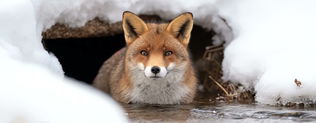 Animals sharing a vibrant stream A curious fox emerges from its burrow, surrounded by snow, showcasing its beautiful fur and sharp features in a winter landscape.
