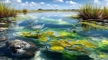 Animals sharing a vibrant stream A serene water landscape featuring dragonflies and vibrant algae under a blue sky with clouds, showcasing nature's beauty.