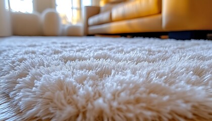 Soft, fluffy white rug in a sunlit living room