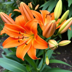 Obraz premium Asiatic hybrids liliy 'Valley Orange' orange flowers and buds