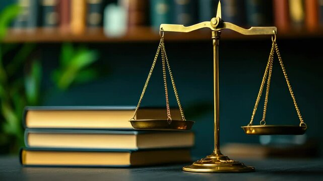 Legal scales and books, arranged on a desk with a modern, clean aesthetic.