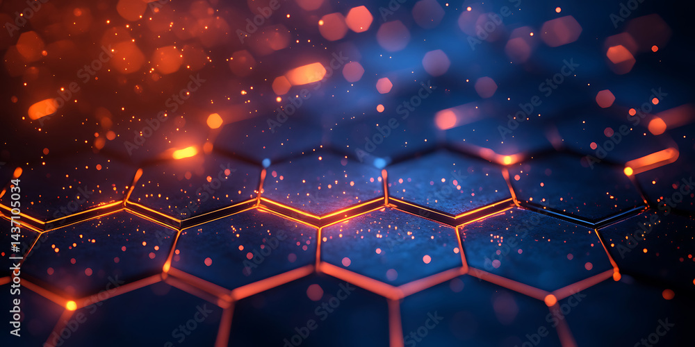Aufkleber abstract honeycomb background with glowing orange edges and sparkling particles in a futuristic dark
