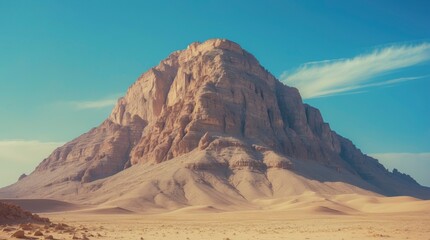Fototapeta premium Vast arid desert landscape featuring a towering geological rock formation against a clear turquoise