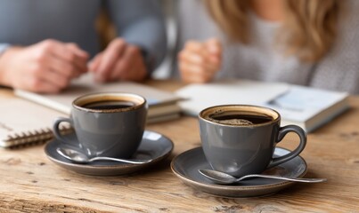 Two cups of coffee on a wooden table, people in a cafe, discussion or work meeting, likely for a business or lifestyle image