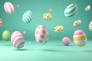Obraz premium Colorful Easter eggs floating against a soft turquoise background with pastel flowers