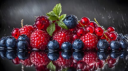 Vibrant Organic Blueberries and Red Berries on Black Table Surface