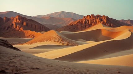 Fototapeta premium Vast desert landscape features rolling sand dunes and rocky formations in warm, soft, golden light