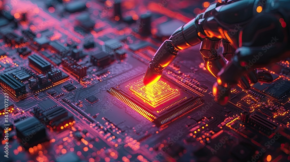 Aufkleber a robotic hand pointing at a glowing processor.