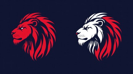 Red and white lion heads profile, fierce, dark background, mascot design