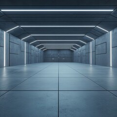 Abstract futuristic empty corridor and room interior with modern cement floor and wall, sci-fi...