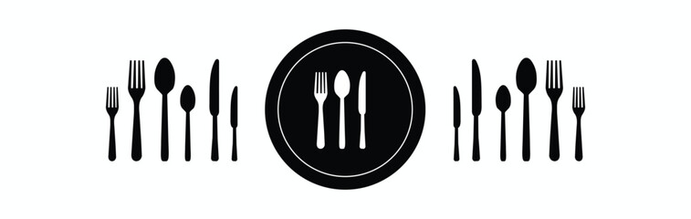 Plate, fork and knife for apps and websites. Dinner service - stock vector.