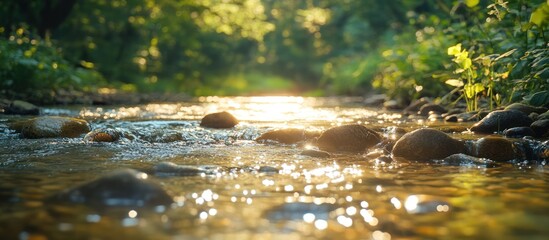 Obraz premium Forest Creek Sunlight, Calm River Flow, Nature Background, Stock Photo
