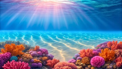 Naklejka premium Vibrant Underwater Scene with Colorful Coral Reefs and Sunlight Streaming Through Water Surface